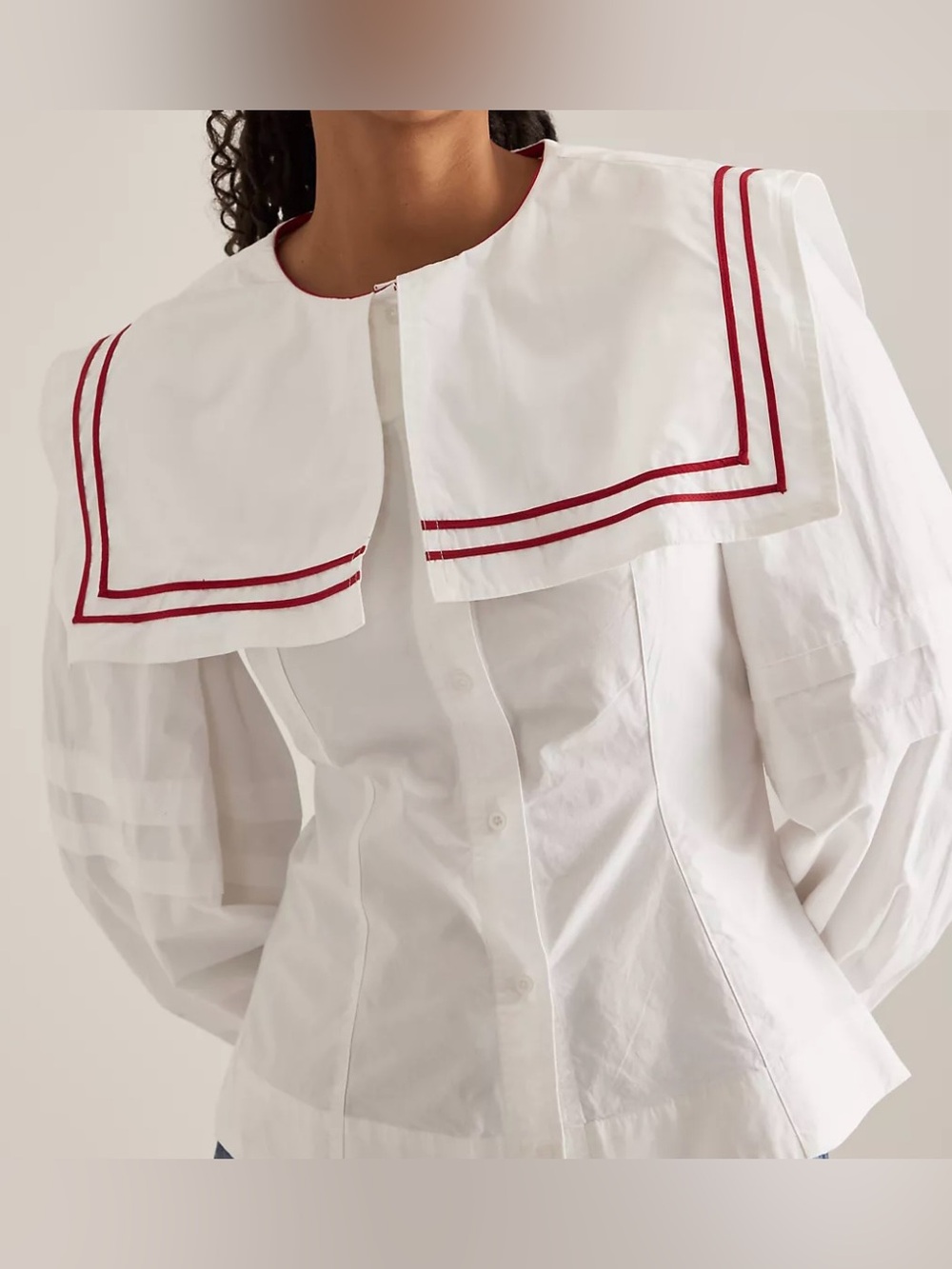 Damson Madder White Cotton Poplin Blouse with Red Trim Sailor Collar - Size 6